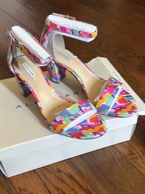 Alex Marie Multicolor Floral-Pattern Block Heel Sandals - Pink, Purple & Yellow